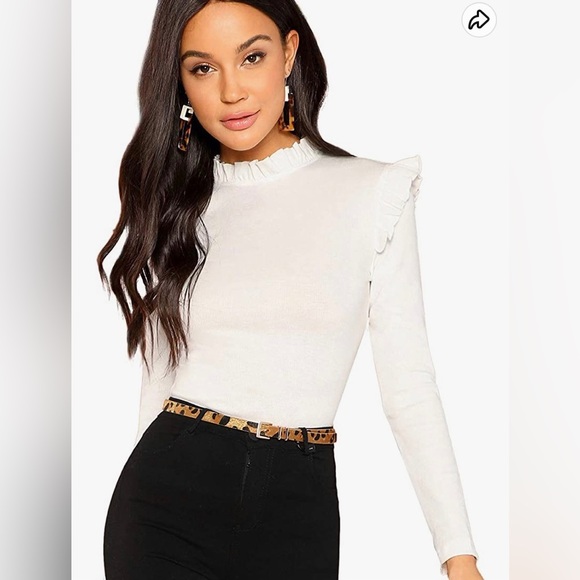 NWOT Romwe Women's Stand Collar Frilled Ruffles Shoulder Keyhole Blouse Top - Picture 2 of 2